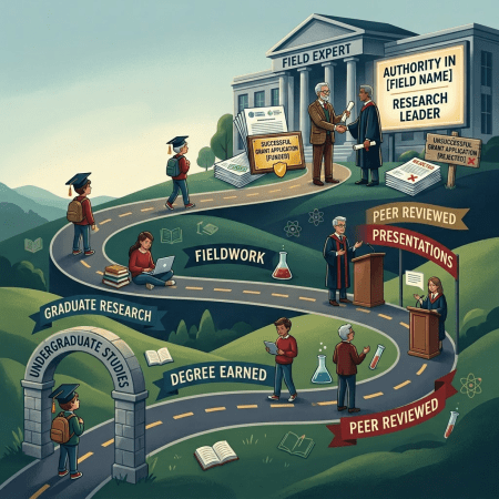 Illustration showing a path from undergraduate studies to research leader with stages like graduate research, degree earned, fieldwork, peer reviewed presentations, and authority in field.