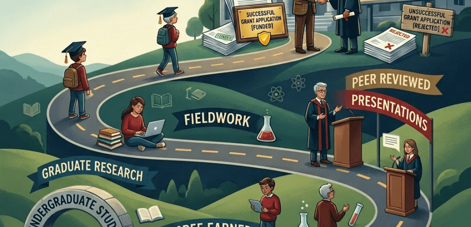 Illustration showing a path from undergraduate studies to research leader with stages like graduate research, degree earned, fieldwork, peer reviewed presentations, and authority in field.